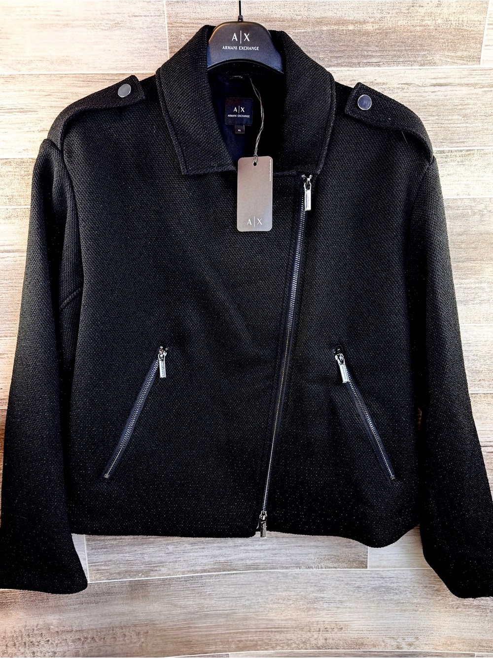 Armani Exchange Women’s Black Zip-Up Luminous Biker Jacket